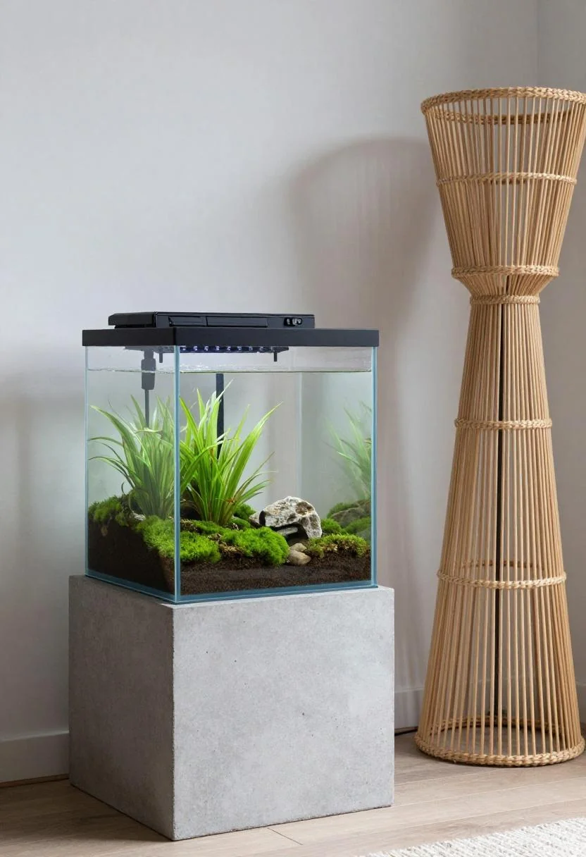 Low square aquarium with jade green moss on a concrete pedestal in a calm Japandi corner