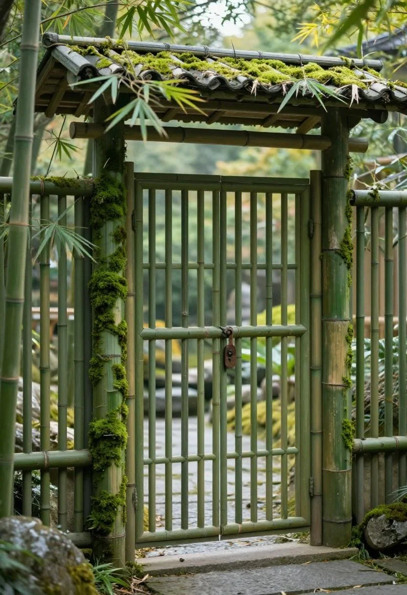 Bamboo arbor with jade moss-covered posts marking a serene Japanese-style garden entrance