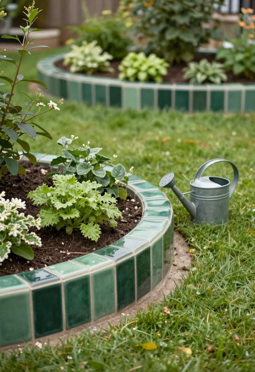 Curved jade green ceramic edging framing a raised cottage flower bed