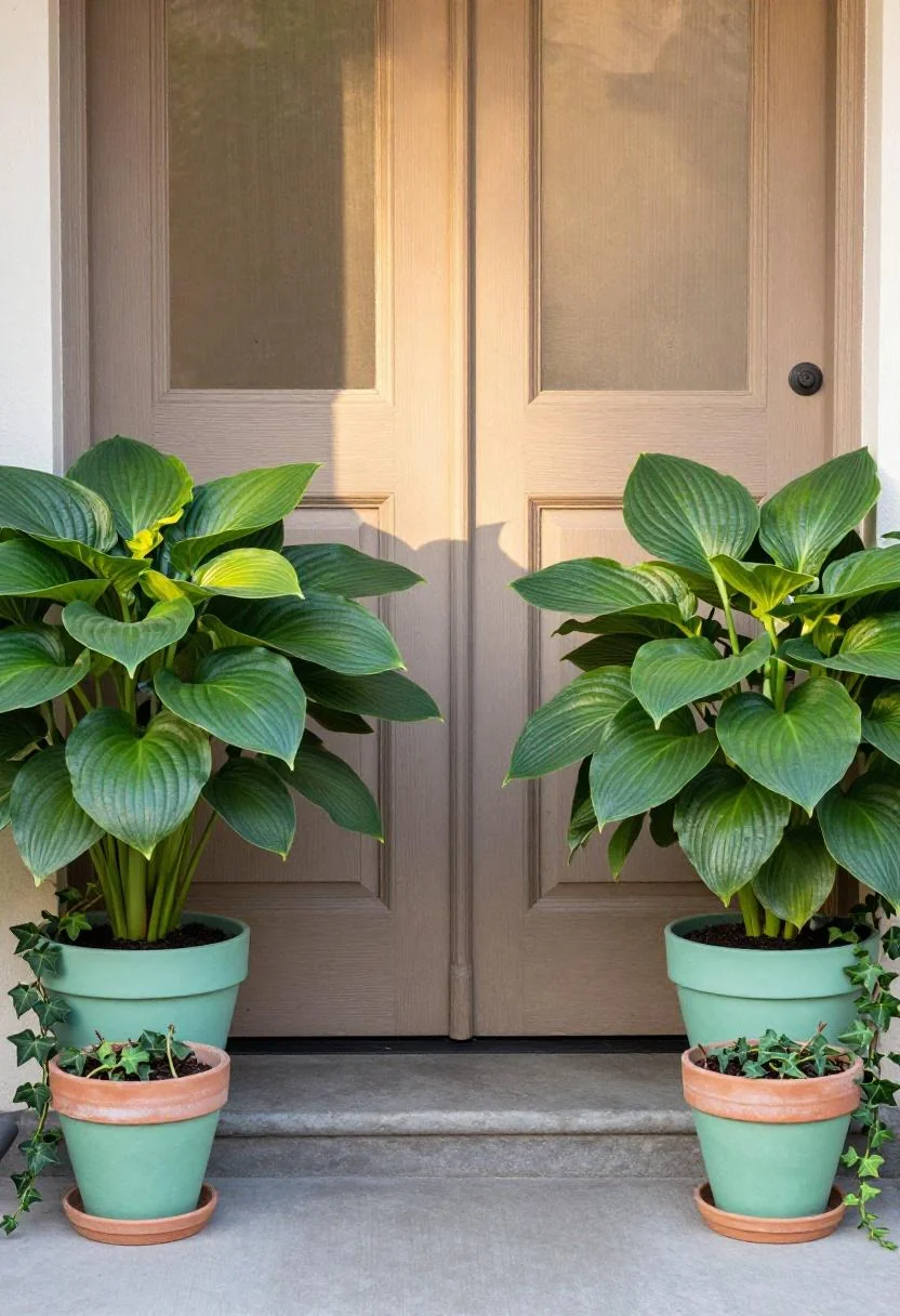 Symmetrical hosta beds with jade green terracotta pots framing a painted front door