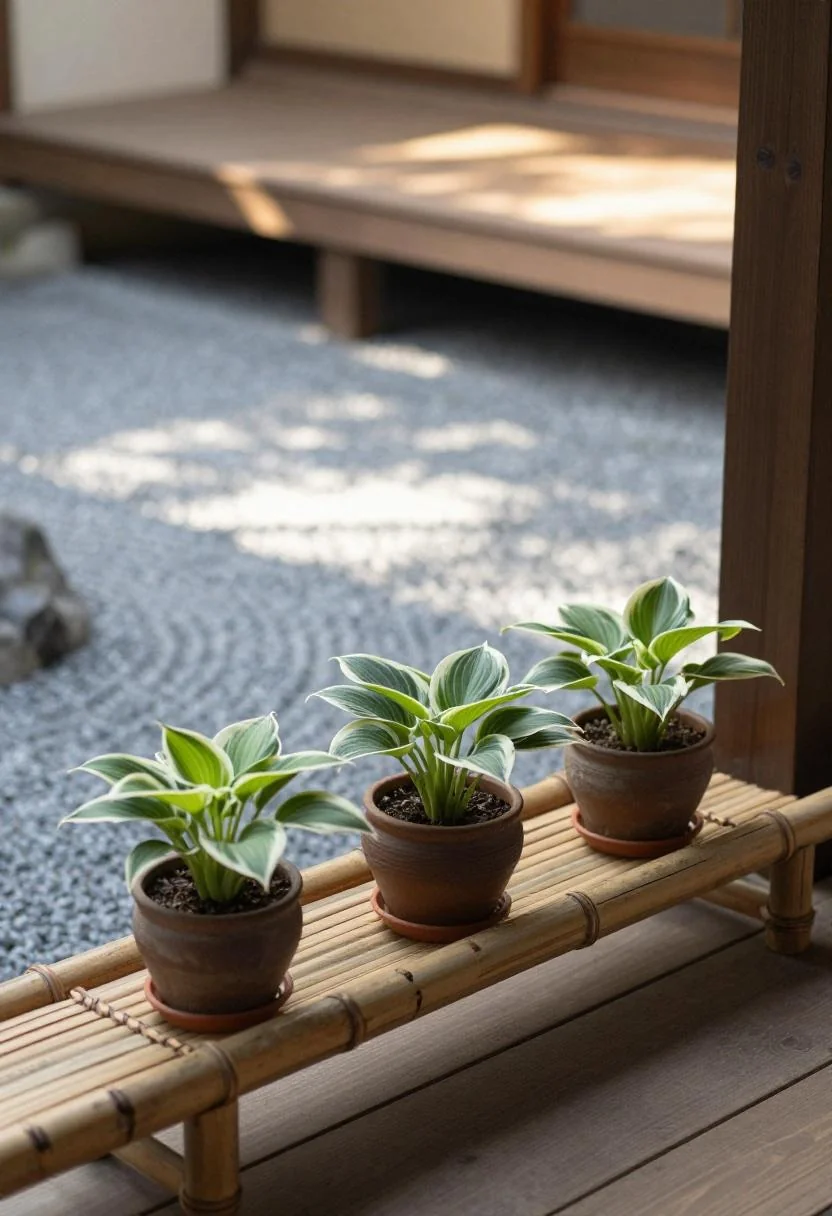 Three small terracotta hosta pots on a bamboo tray against a zen balcony railing at golden hour