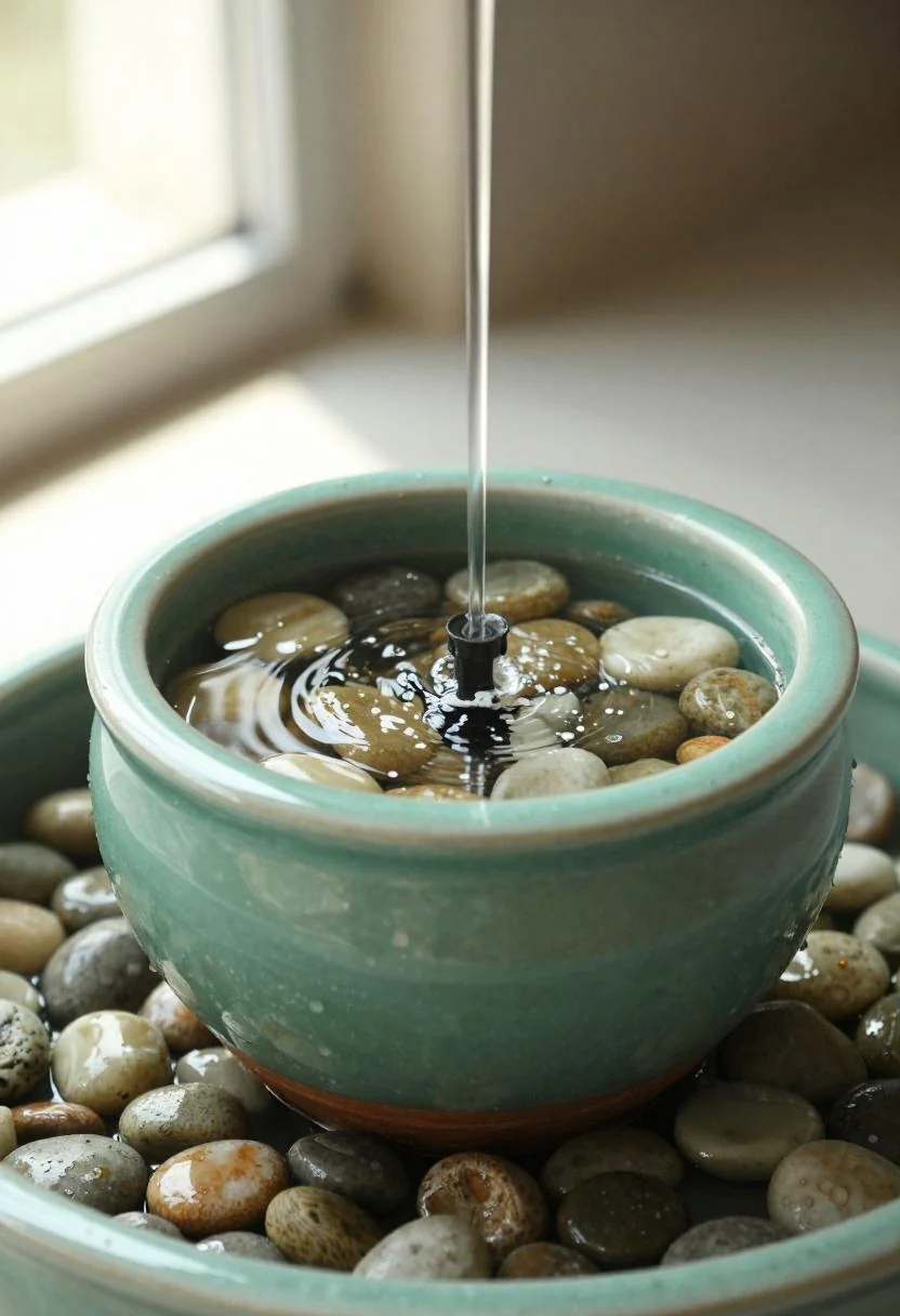 Jade green terracotta pot fountain with river pebbles catching morning sunlight