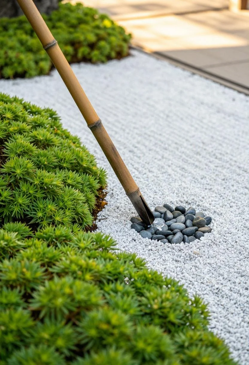 Zen garden corner with jade-toned sedum meeting raked gravel and bamboo water spout