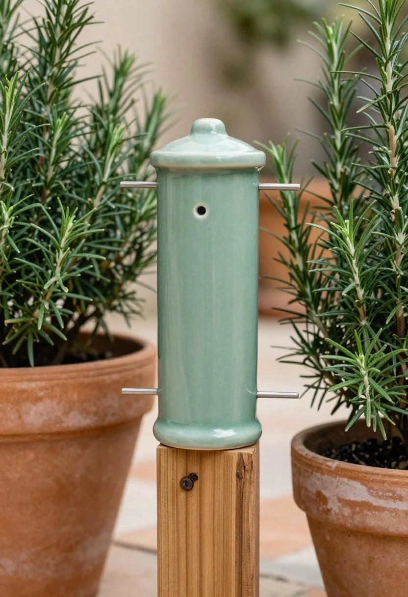 Jade green ceramic feeder on a cedar post flanked by rosemary-filled terracotta pots in a courtyard setting