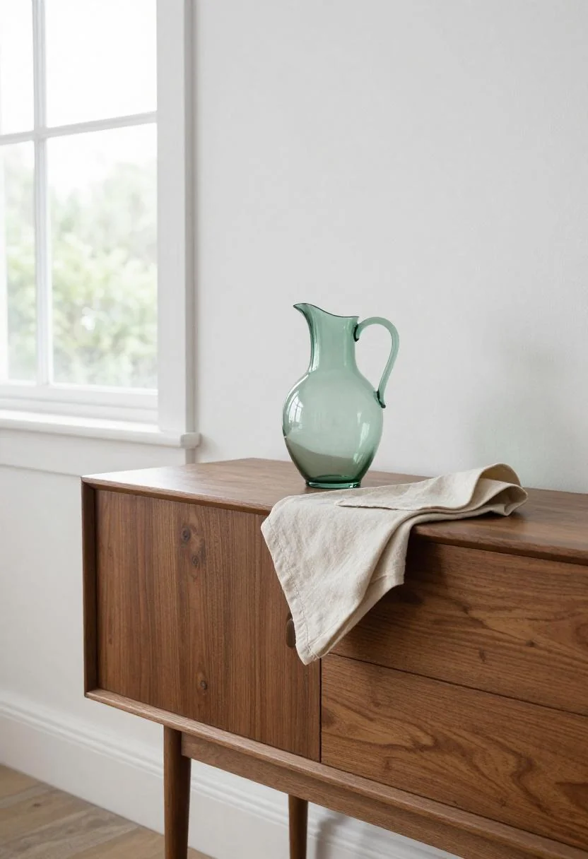 Jade green glass pitcher on a walnut sideboard with a folded linen flag banner in overcast light