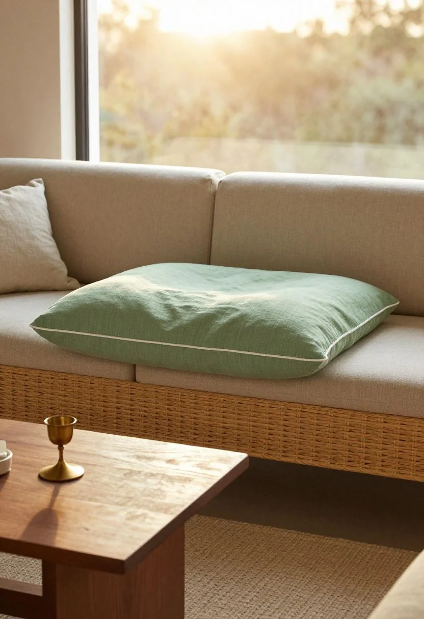 Jade green linen cushion on rattan sofa with warm brass accent in golden hour light