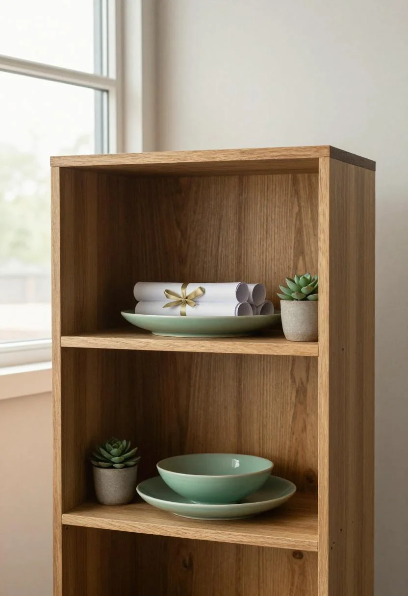 Oak bookshelf with jade green ceramic dish displaying rolled diploma certificates