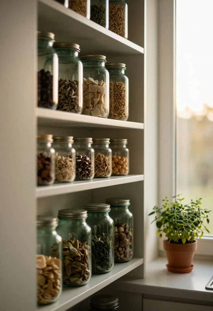 Jade green glass pantry jars with a small herb plant on a kitchen shelf