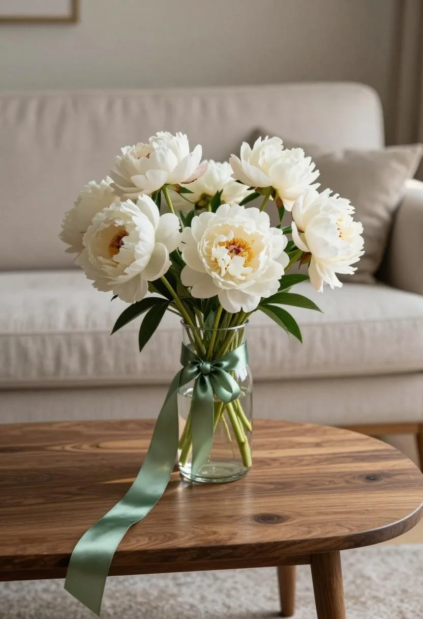 Walnut coffee table with white peonies tied in jade green ribbon under golden hour light