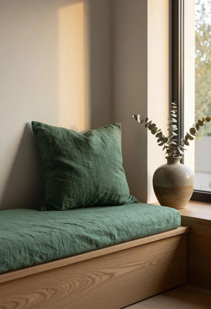 Jade green reading nook with dried eucalyptus in a ceramic vase