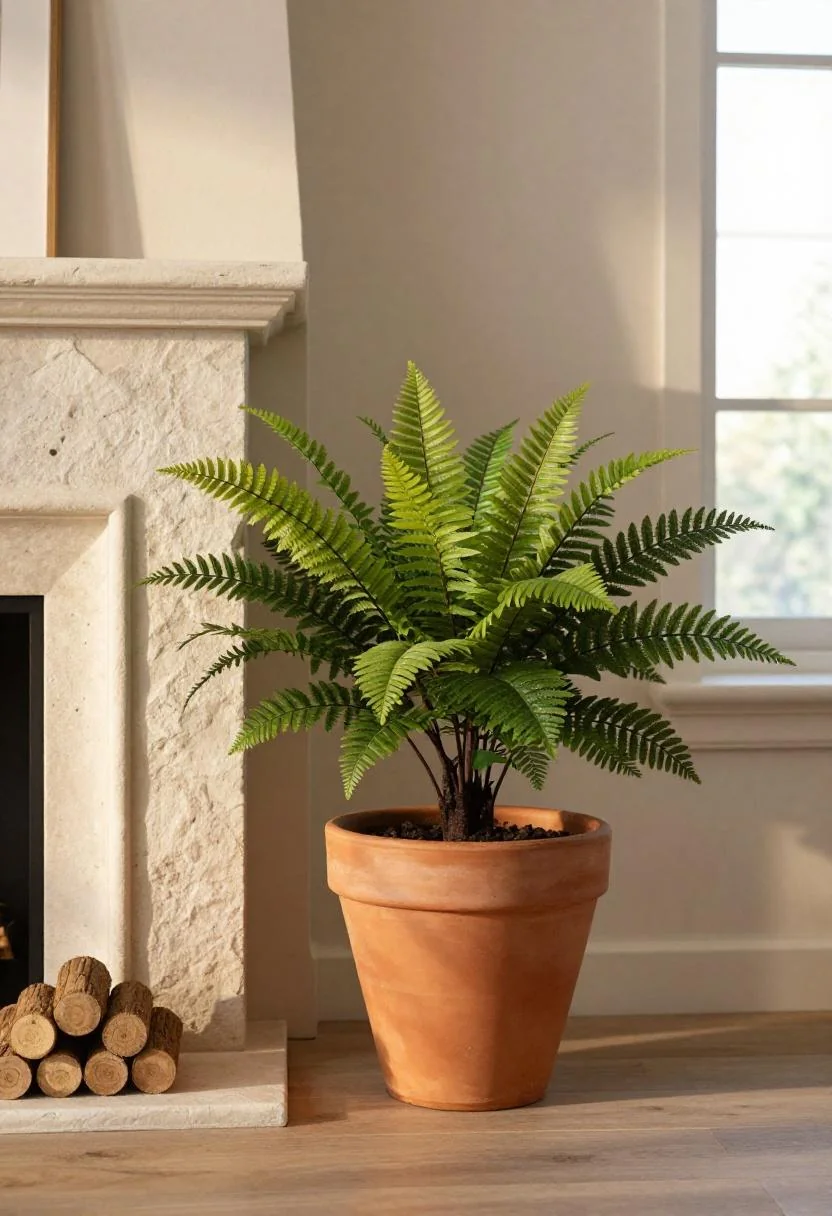 Jade green faux ferns in a terracotta pot beside a stone fireplace