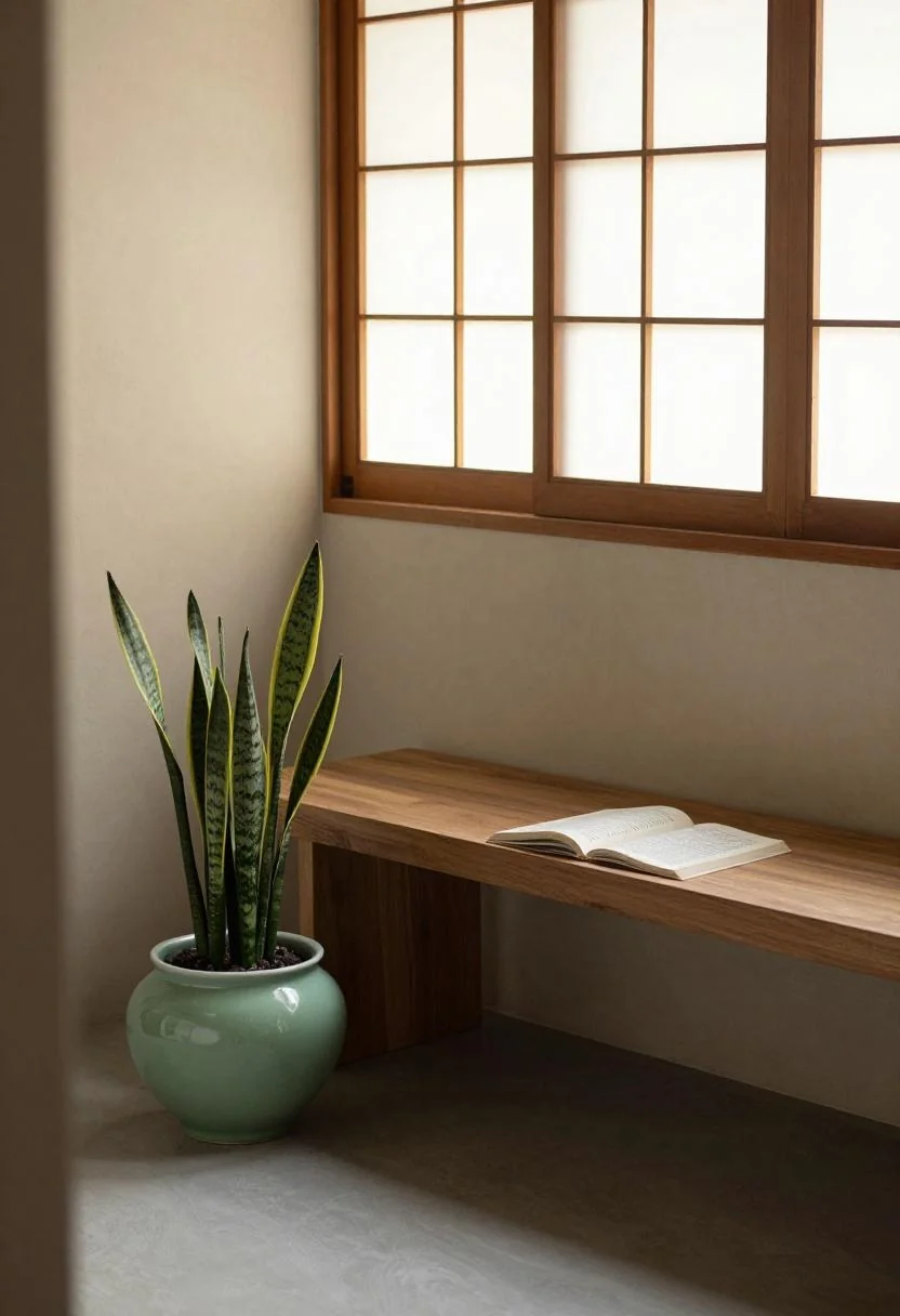 Walnut reading bench beside a jade green snake plant in warm golden light