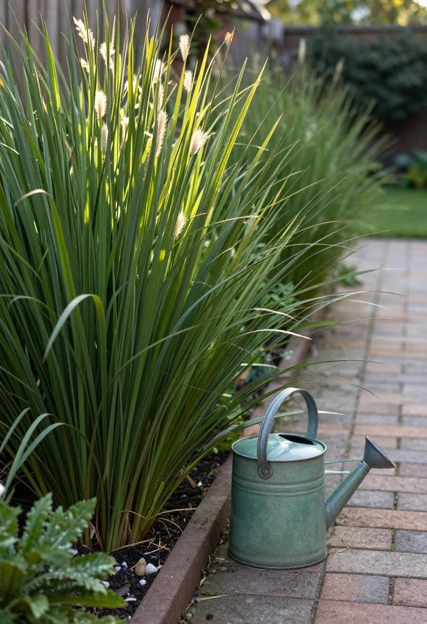 Lemongrass in a jade ceramic pot brightening the edge of a brick cottage garden path