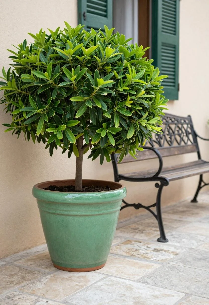Jade green glazed planter with butterfly bush beside a wrought-iron bench on a Mediterranean stone patio