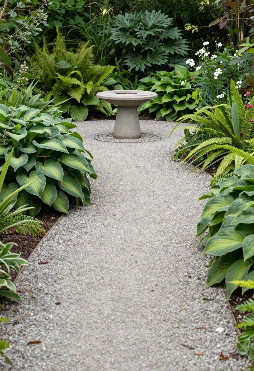 Gravel garden path flanked by lush jade hostas curving toward a concrete birdbath under soft overcast light