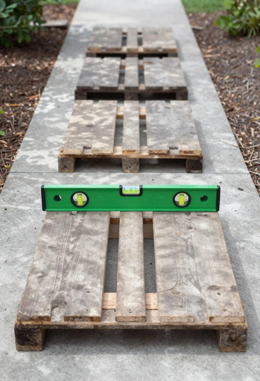 Overhead view of pine pallet flooring with a wasabi-green spirit level checking alignment on a concrete base