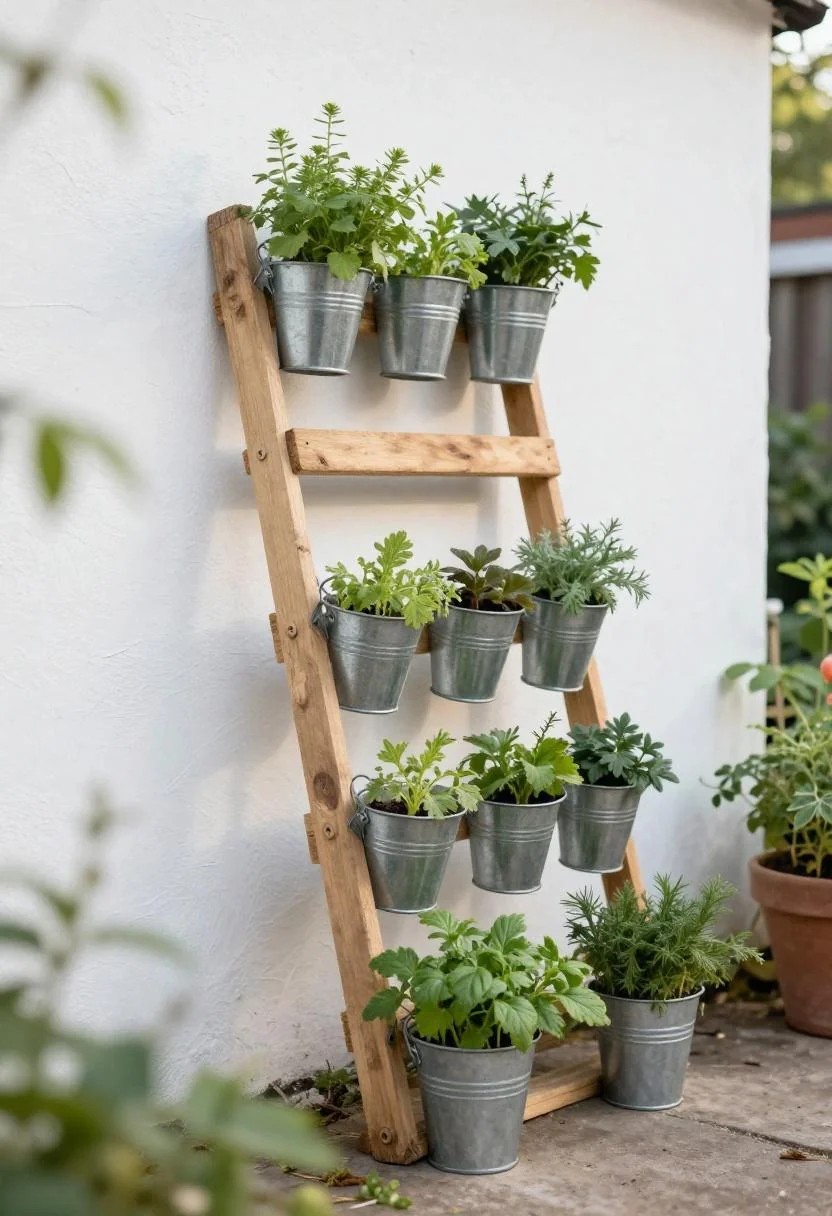 Reclaimed pallet herb display with wasabi metal bucket planters against a whitewashed wall