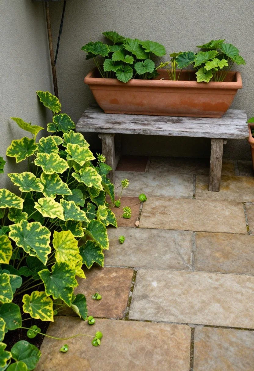 Limestone paver cottage patio with a chartreuse vine-filled trough beside a weathered oak bench