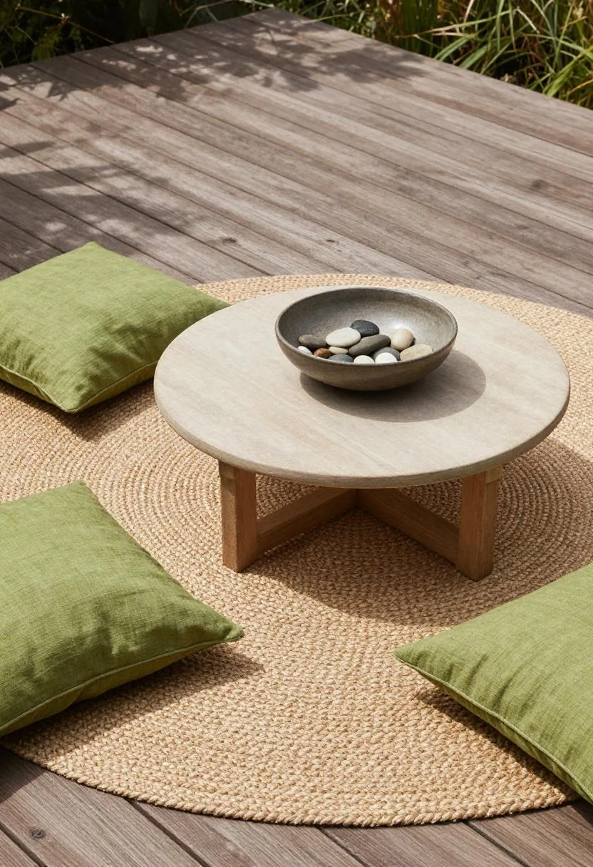 Teak coffee table on jute rug with river stones and wasabi linen pillows on cedar deck