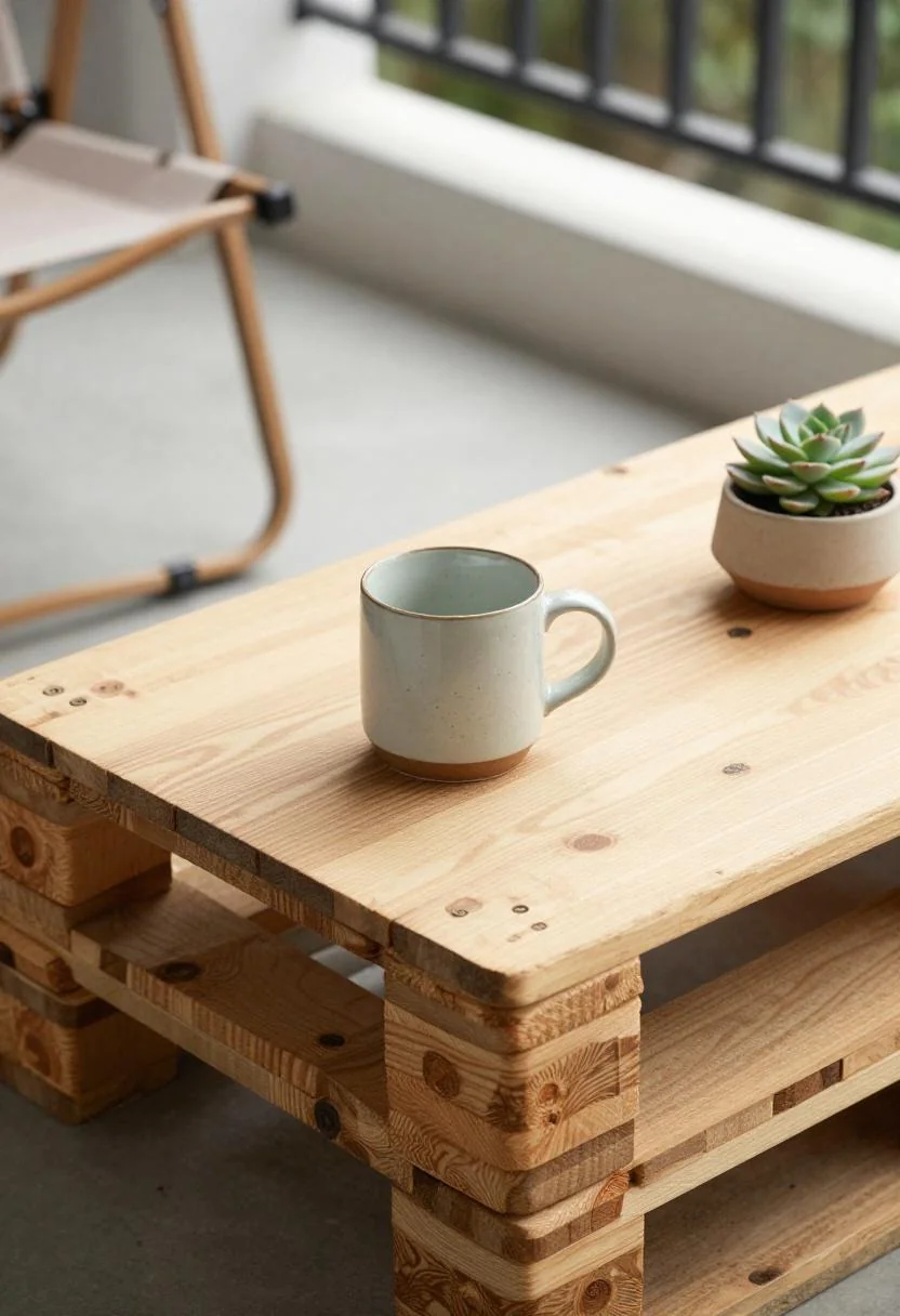 Wasabi ceramic mug and clay succulent pot on a pallet coffee table in midday balcony shade