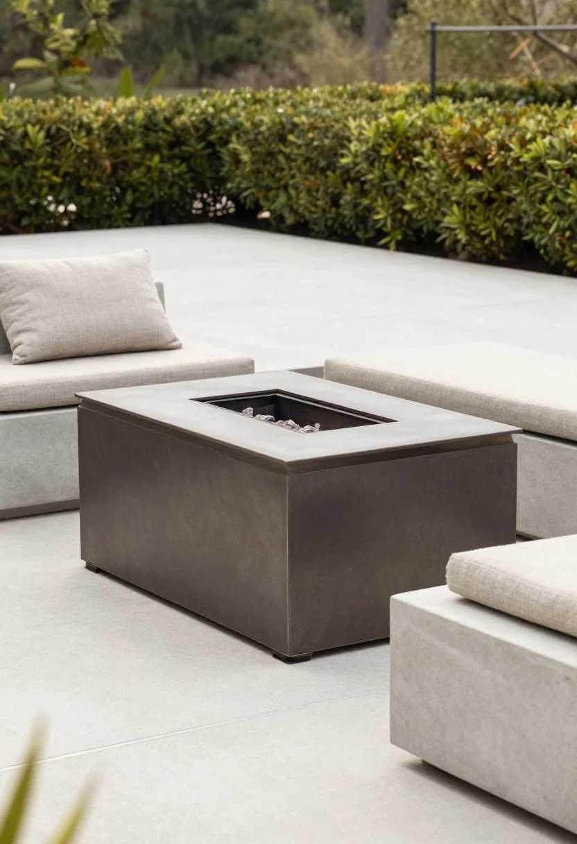 Steel fire pit table with wasabi green linen cushion on a minimalist concrete patio