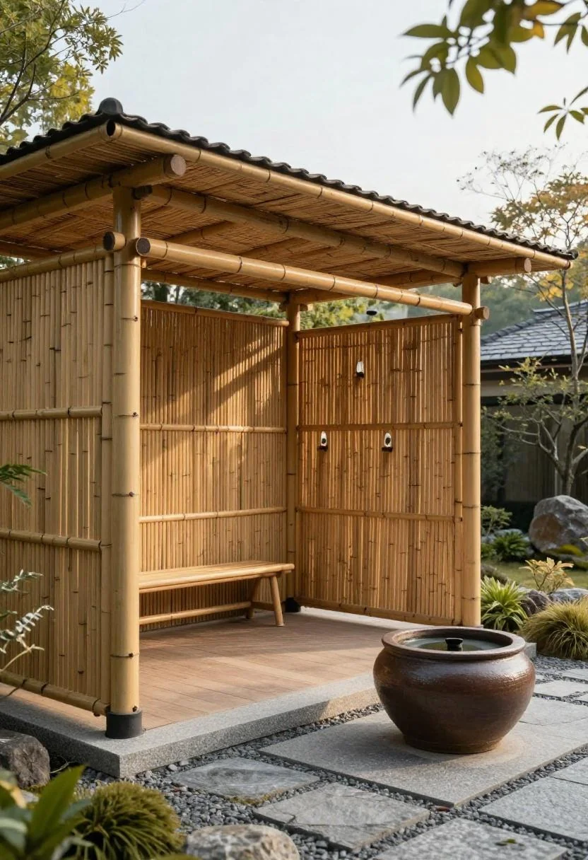 Bamboo pergola with a wasabi ceramic basin on granite beside a zen garden walkway