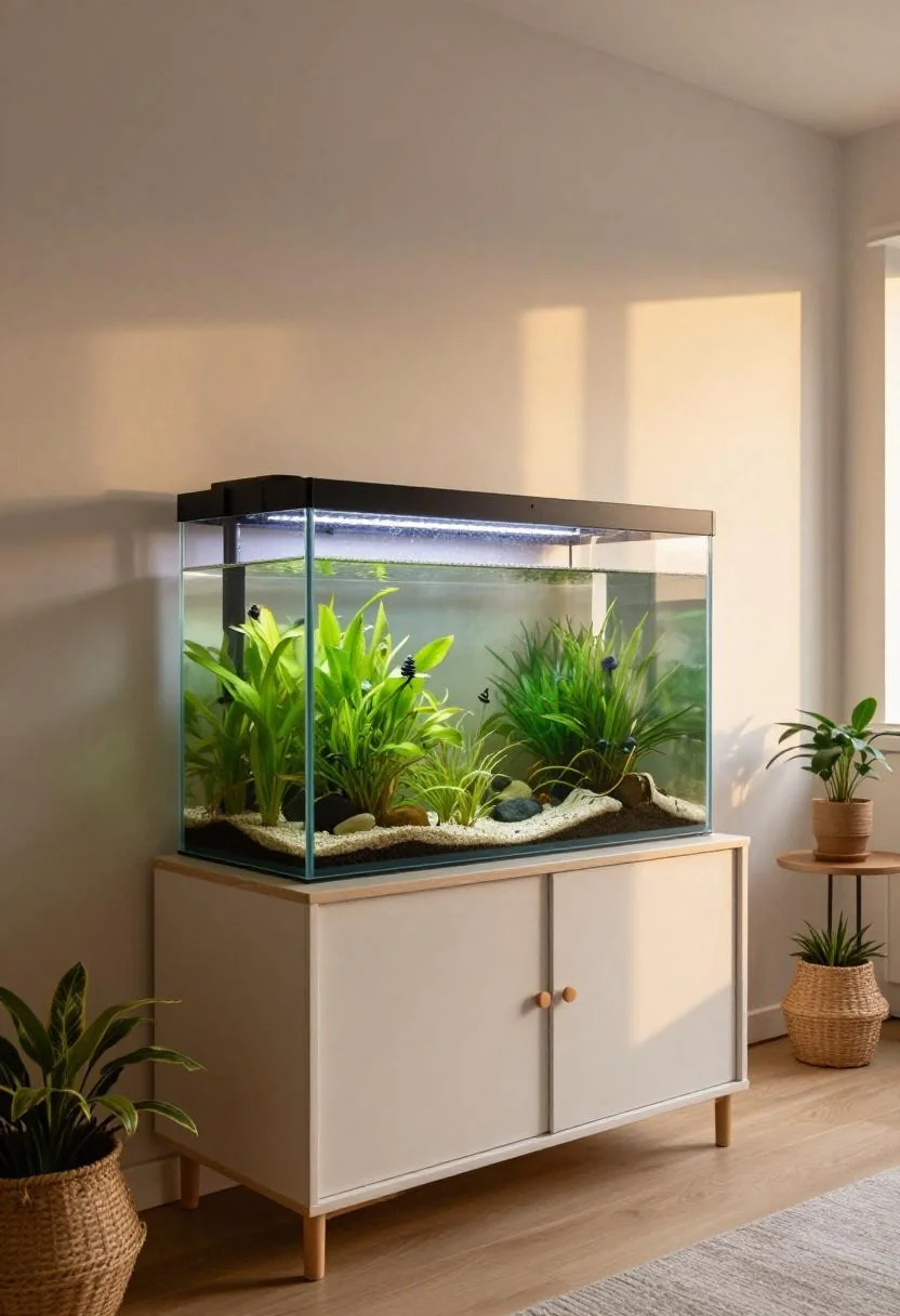 Wall-mounted aquarium with wasabi-green plants above a birch sideboard in a Scandinavian room