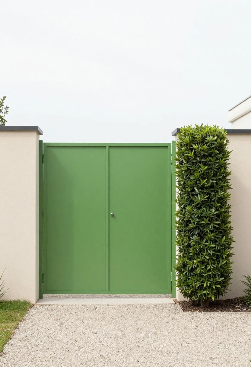 Sleek wasabi-green steel arbor gate with a boxwood topiary anchoring a modern garden entrance