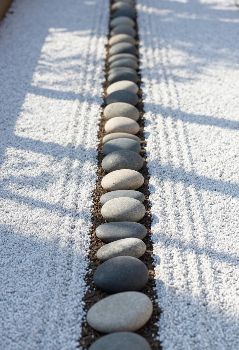 Wasabi-toned river pebbles forming precise edging line in Japanese zen garden