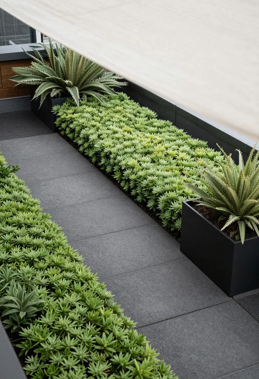 Rooftop terrace with wasabi-tinted sedum panels between charcoal pavers under a linen canopy