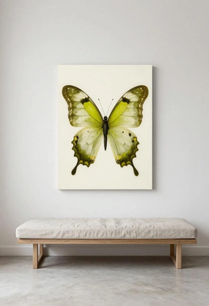 Abstract wasabi-toned butterfly canvas above a linen cushion reading nook bench