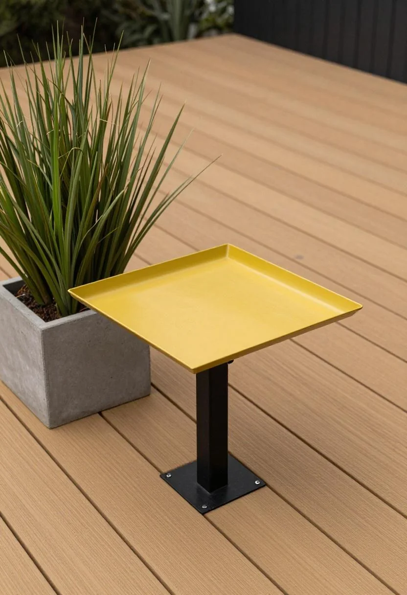 Wasabi-yellow tray feeder on an iron pole beside concrete-plantered ornamental grass on a modern oak deck