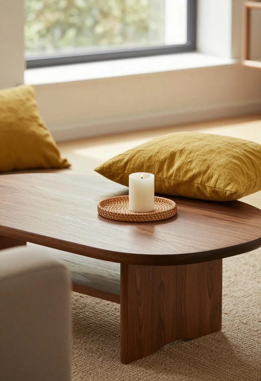 Walnut coffee table with wasabi linen cushion and pillar candle detail
