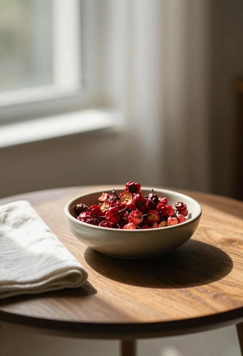 Wasabi ceramic bowl with dried red berries on a round oak coffee table in morning light