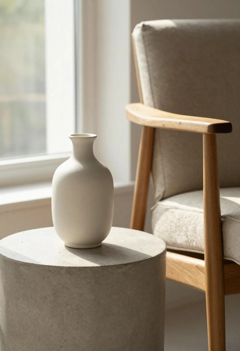 Wasabi ceramic vase on concrete side table next to a mid-century oak armchair