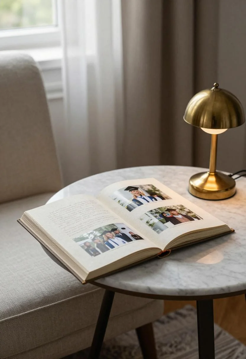 Wasabi linen photo album open on a marble side table in a reading nook