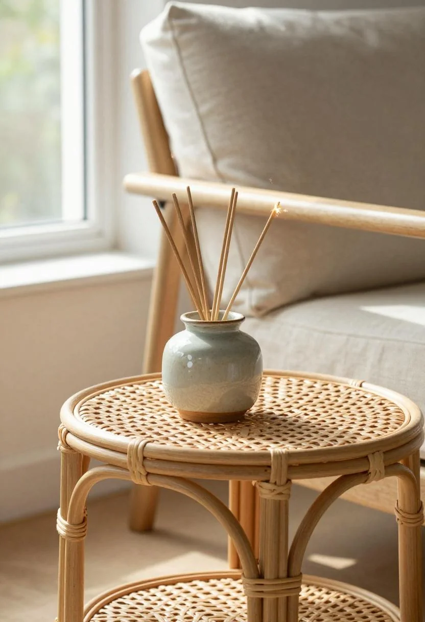 Rattan side table with wasabi ceramic pot holding sparkler sticks in morning light