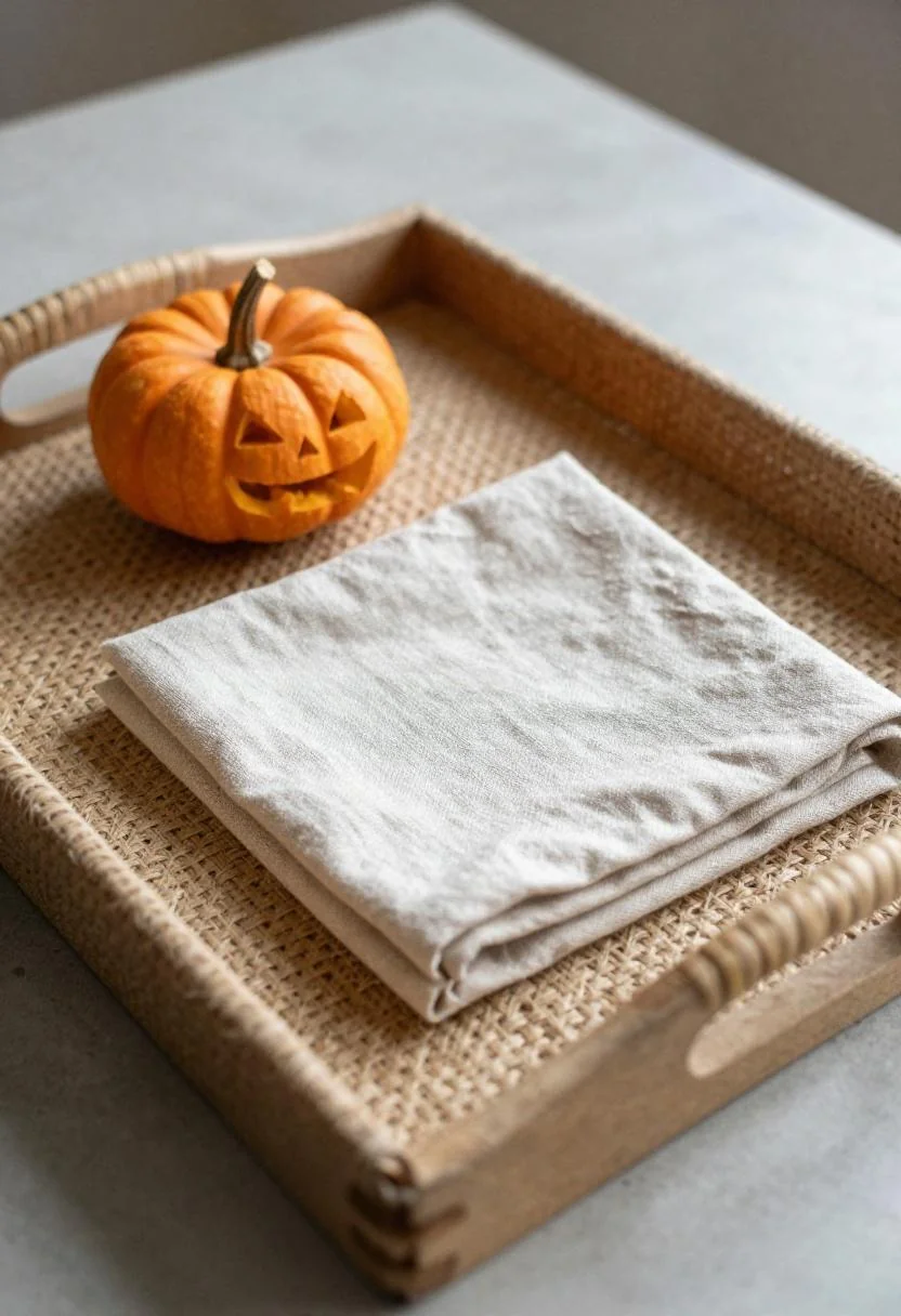 Jute tray with carved pumpkin and wasabi linen napkin on a concrete coffee table