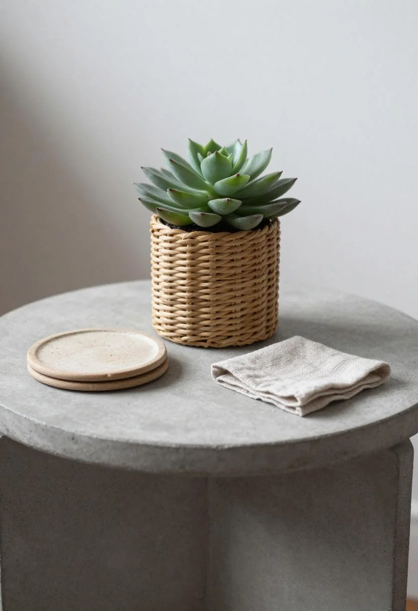 Wasabi-toned faux succulents in a rattan pot on a concrete side table