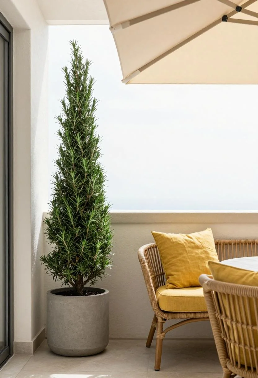 Rosemary topiary in a concrete pot anchoring a modern balcony with wasabi-accented rattan seating