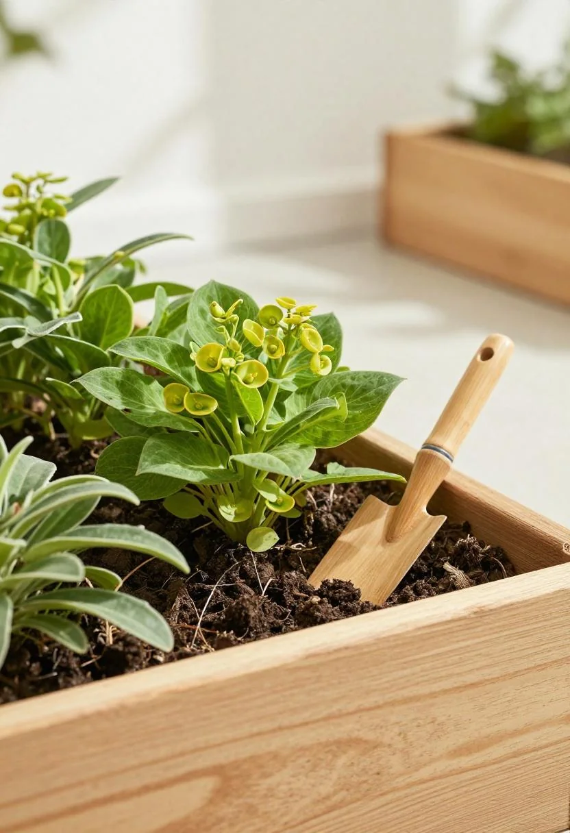 Raised cedar bed dense with wasabi-toned euphorbia and lamb's ear seen from directly above