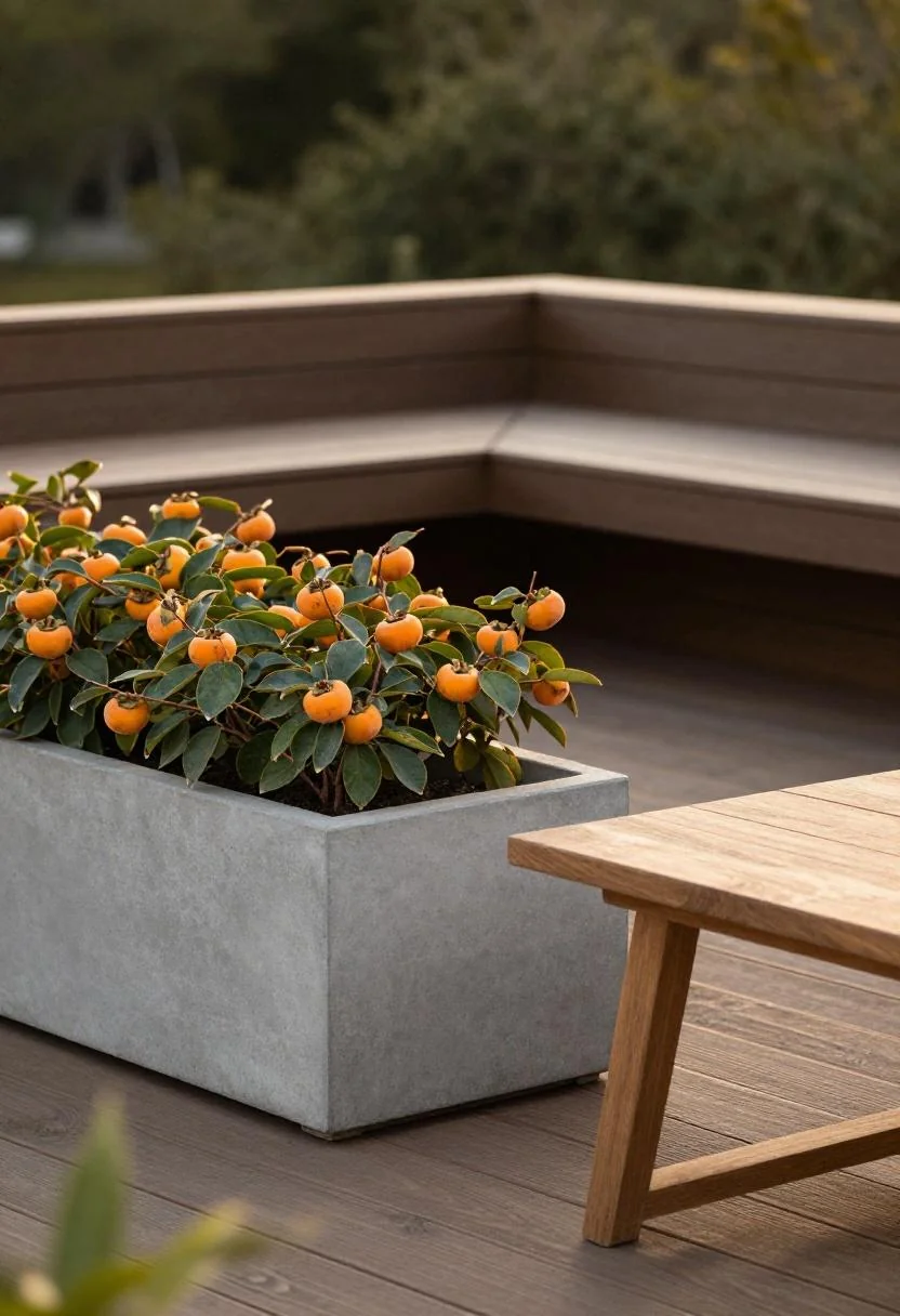 Persimmon butterfly bush in a concrete planter beside a teak side table on a modern deck at golden hour