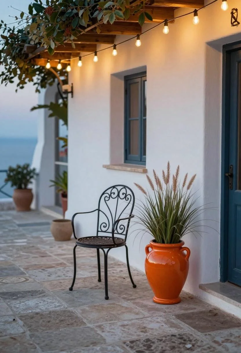 Persimmon glazed urn with ornamental grasses beside a wrought-iron bistro chair on a Mediterranean stone patio at dusk