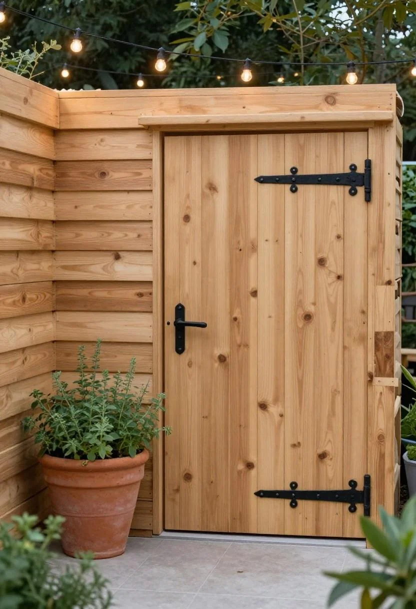 Finished pallet shed corner with a persimmon-painted door and herb pot at dusk with string lights