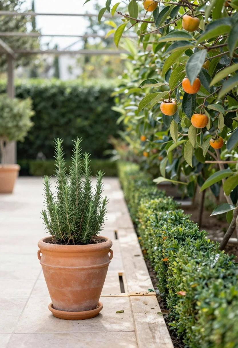 Pine pallet garden border with persimmon clay rosemary pot at the end of a shaded path