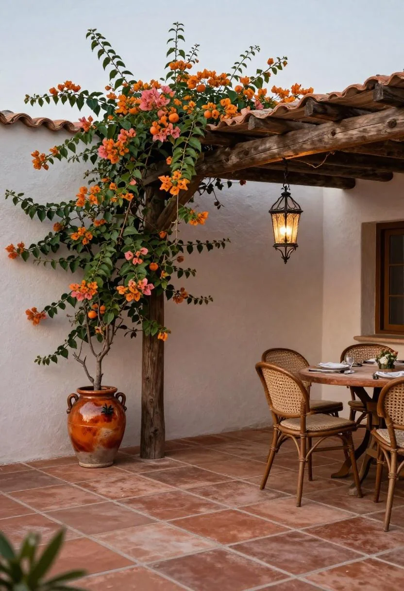 Persimmon ceramic urn with bougainvillea on a terracotta paver patio beneath a pergola at dusk