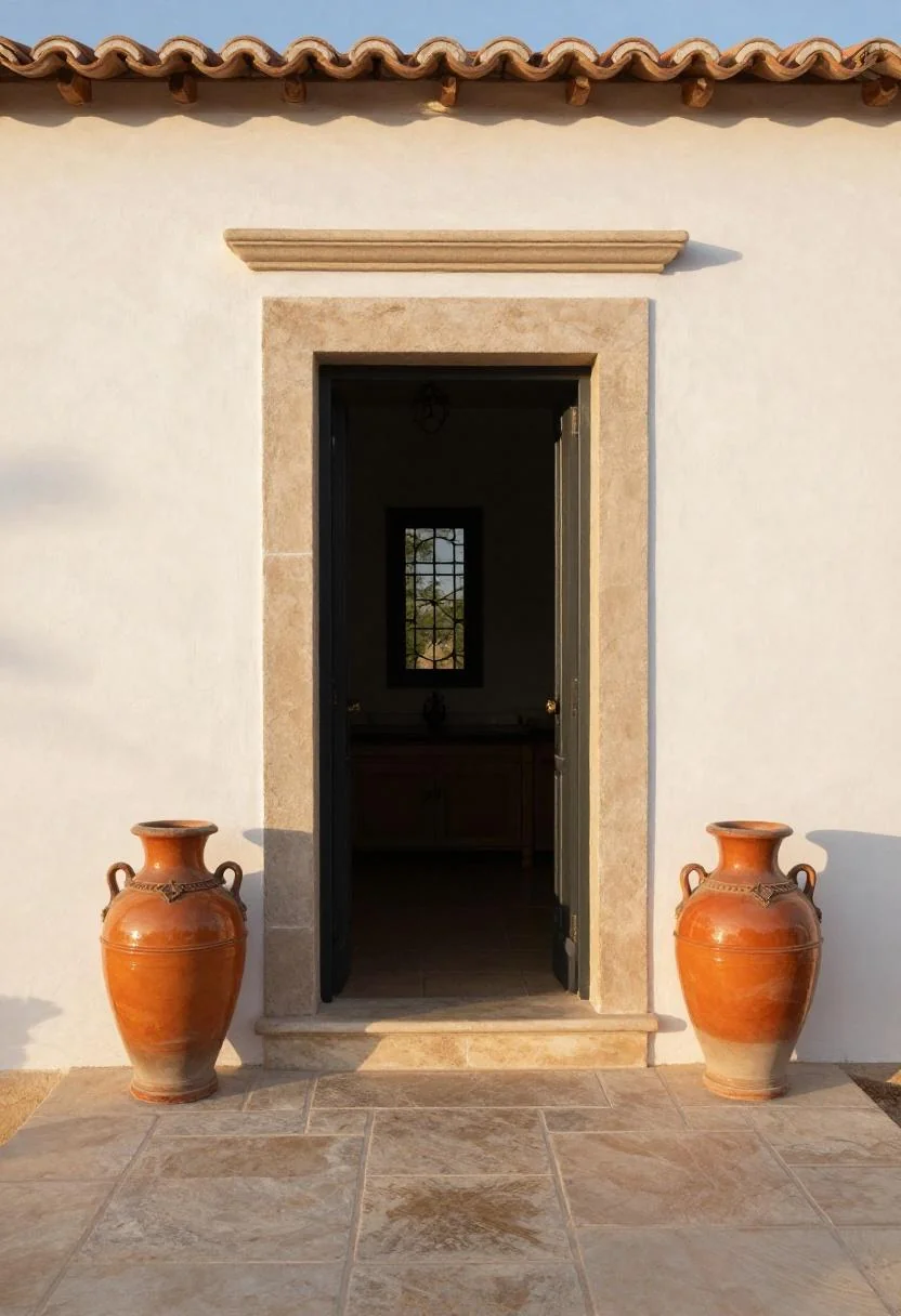 Persimmon ceramic urns framing Mediterranean front porch at golden hour