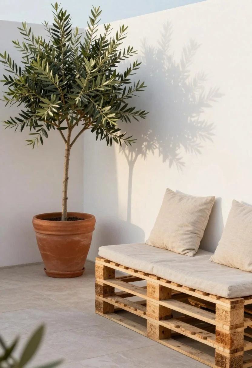 Persimmon-cushioned pallet bench beside an olive tree on a Mediterranean pallet patio at golden hour