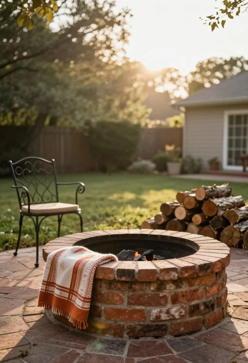 Sunken brick fire pit with persimmon blanket and stacked logs in a cottage backyard at golden hour