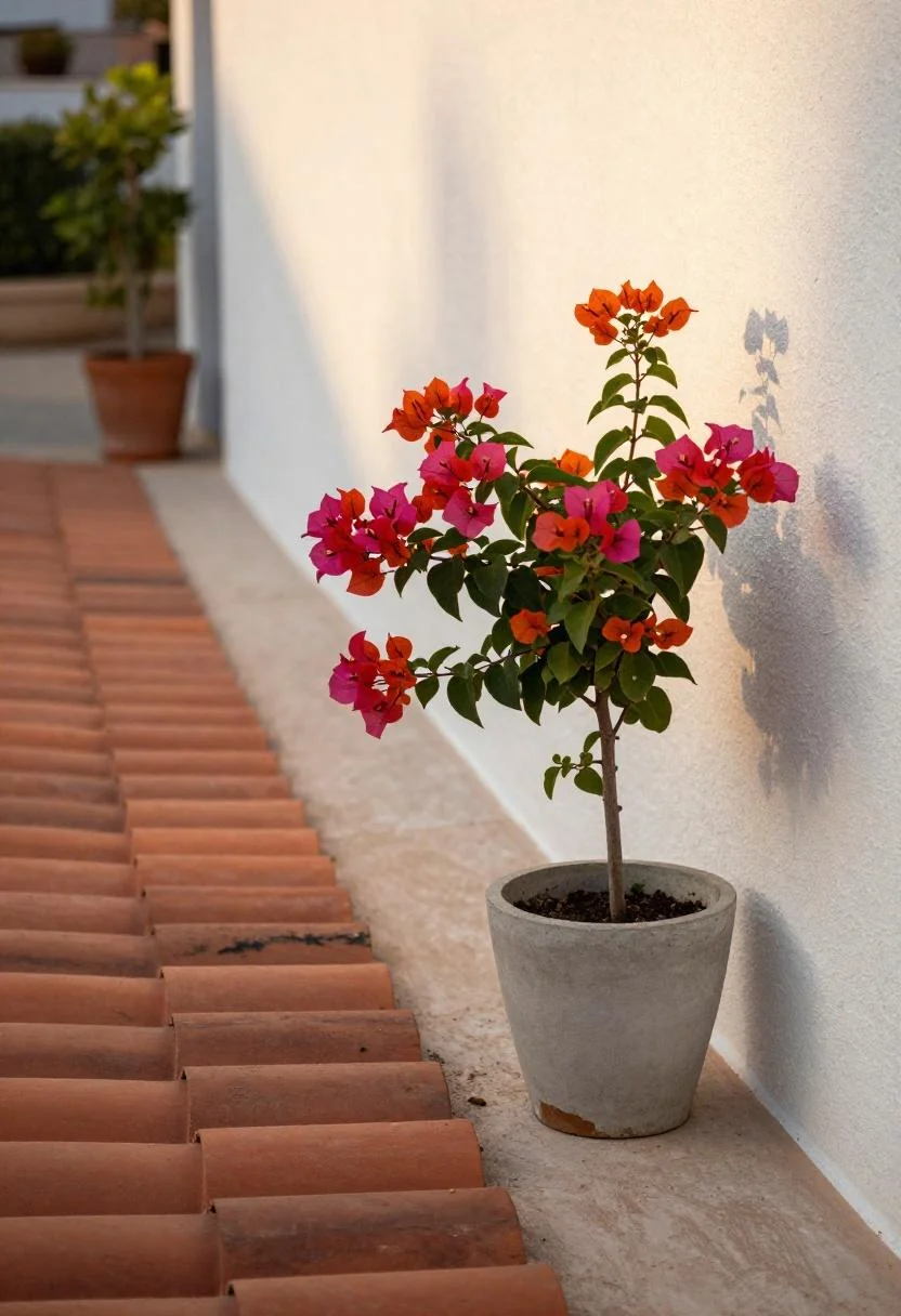 Vertical terracotta roof tile edging lining a Mediterranean path beside persimmon bougainvillea